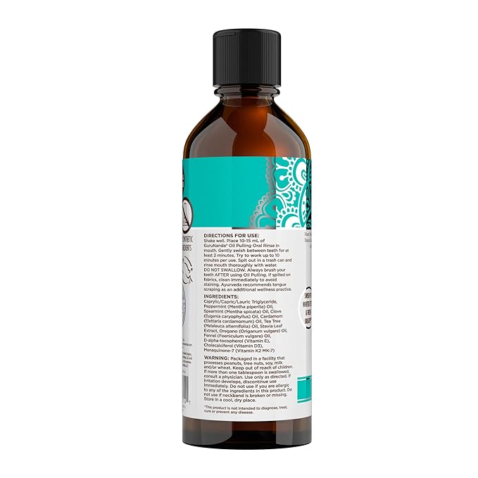 GuruNanda CocoMint Oil Pulling Mouthwash for Complete Oral Hygiene, 7 Essential Oils & Vitamins for Happy Teeth & Gums & Fresh Breath, with Toothbrush & Tongue Scraper, Alcohol-Free, 8 oz