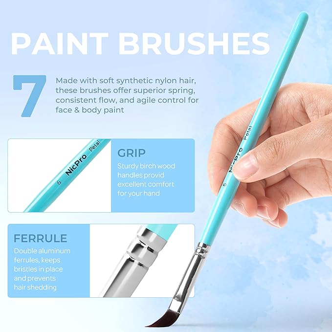 Nicpro Face Paint Brush Set, 7PCS Face & Body Painting Brushes with Aqua Blue Handles, Synthetic Nylon Hair Makeup Paintbrush Kit for Kids, Halloween, Cosplay, School Events & Summer Camp