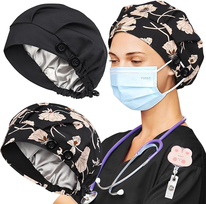 2 Pack Satin Lined Bouffant Scrub Caps with Buttons, Adjustable Scrub Caps for Women Men