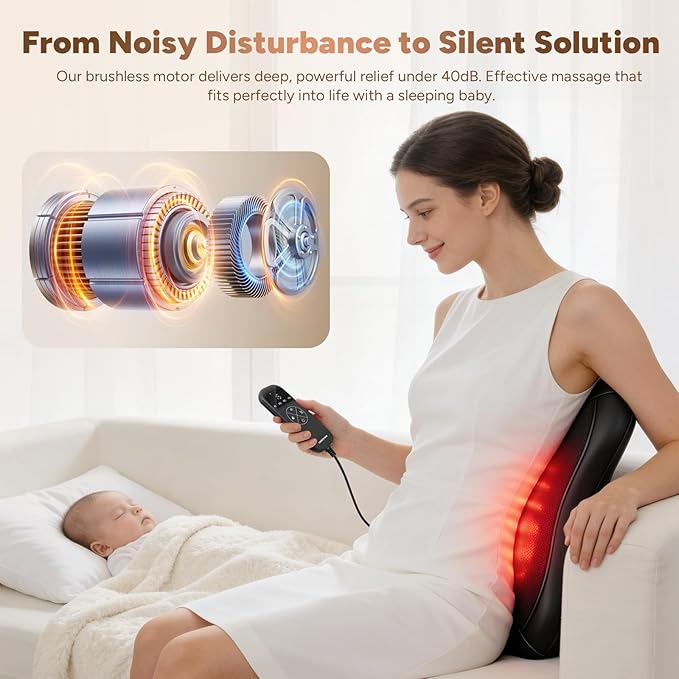 Back Massager with Heat, 4D Rolling Massage Nodes for Upper & Lower Back Pain Relief, 4 Modes & 2 Speeds Deep Tissue, Includes Car Adapter for for Car Office Home & Travel