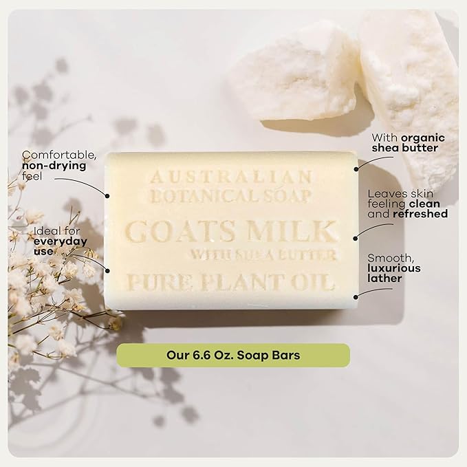 Australian Botanical Soap Goat Milk Soap Collection, 6.6 oz Bars, Goats Milk with Shea, Pink Melon, Lemongrass, and Raspberry, Organic African Shea Butter, 2 Bars of Each - Variety Pack of 8