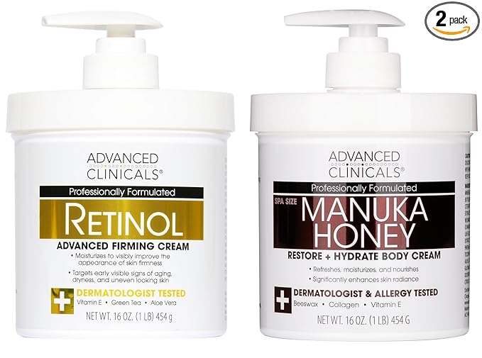 Advanced Clinicals Unscented Retinol Body Lotion & Face Moisturizer + Manuka Honey Body Cream For Women & Men | 2PC Skincare Set Helps Reduce Appearance Of Crepey Skin + Extremely Dry Skin, 2pc Set