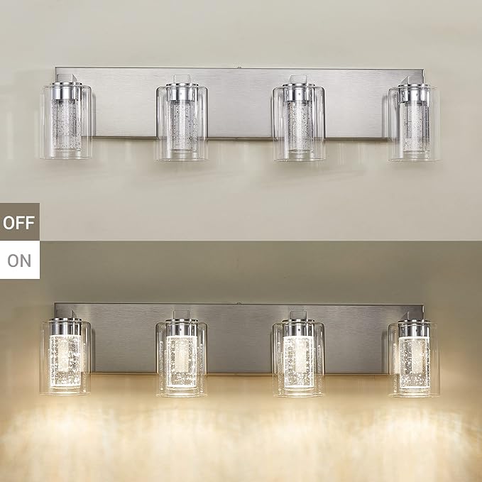 Brushed Nickel 4-Light Vanity Light, Crystal Bubble Glass with Dimmable 3-Color Lights, Modern Bathroom Light Fixtures Wall Sconce for Bathroom Hallway Kitchen Bedroom Living Room