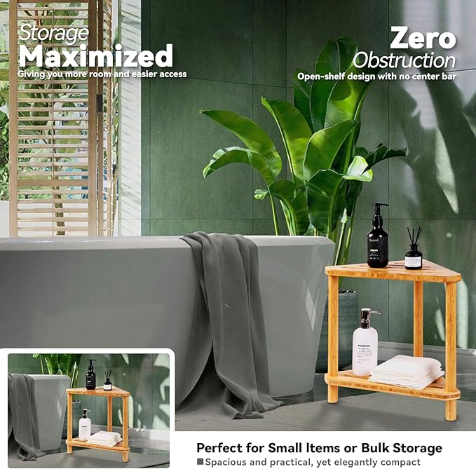 Bamboo 2-Tier Corner Shower Organizer, Waterproof Standing Shower Caddy Storage Shelf, Space-Saving Durable Bathroom Corner Shower Bench for Shampoo Soap Towel, Natural Spa Decor