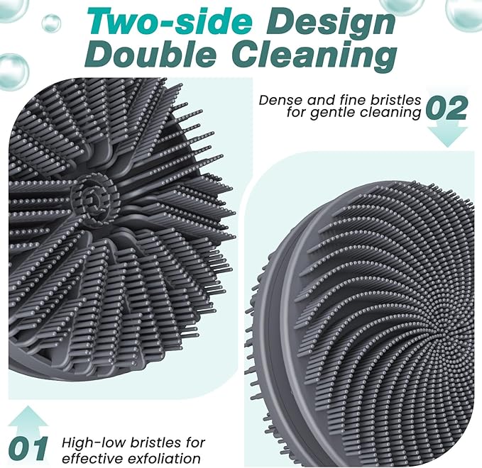 Manmihealth Silicone Back Scrubber & Soft Bath Glove, Silicone Scalp Massager Set 5 PCS, Super-Exfoliating Body Scrubber Shower Brush & Shampoo Brush Combination, with 2 Free Hooks (Style 1 Gray)