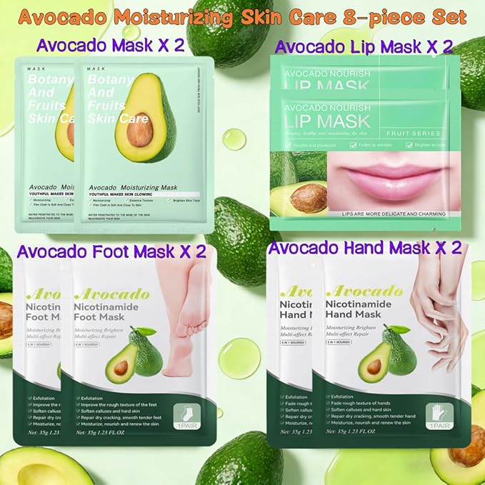 Hydrating Avocado Skincare Set 8 Pcs - Nicotinamide Face + Nourishing Lip + Moisturizing Hand & Foot | Botanical-Infused Restorative Care for Dry/Dehydrated Skin