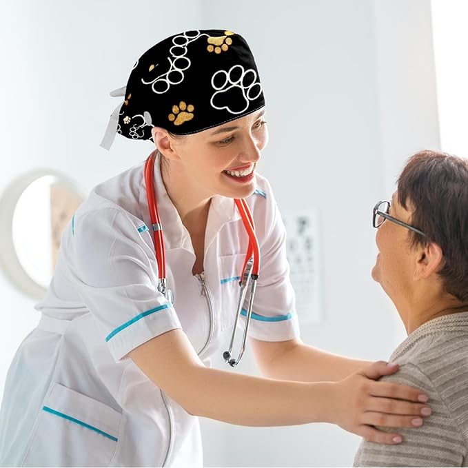 Ethnic Aztec Pattern Adjustable Scrub Cap Hat with Button, Working Hat Sweatband with Bow Hair Scrunchy for Woman