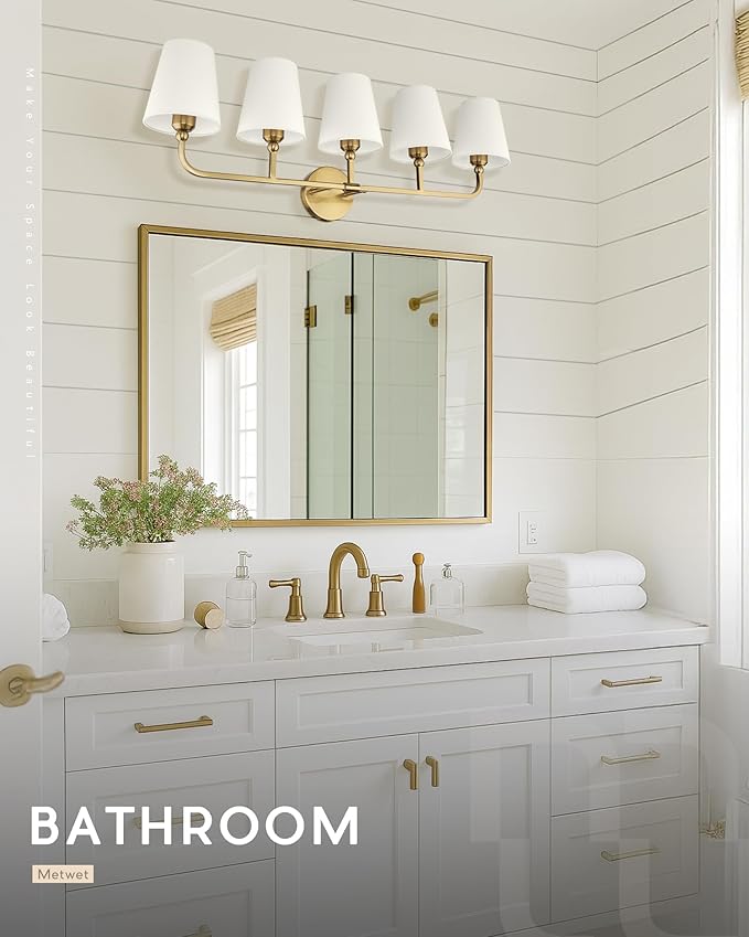 5-Light Bathroom Light Fixtures, Brushed Gold Vanity Lights with Flared Beige Fabric Shade, 35 Inch Wall Sconce, Vintage Sconces Wall Lighting for Hallway Bedroom, VL837-BG-B-5