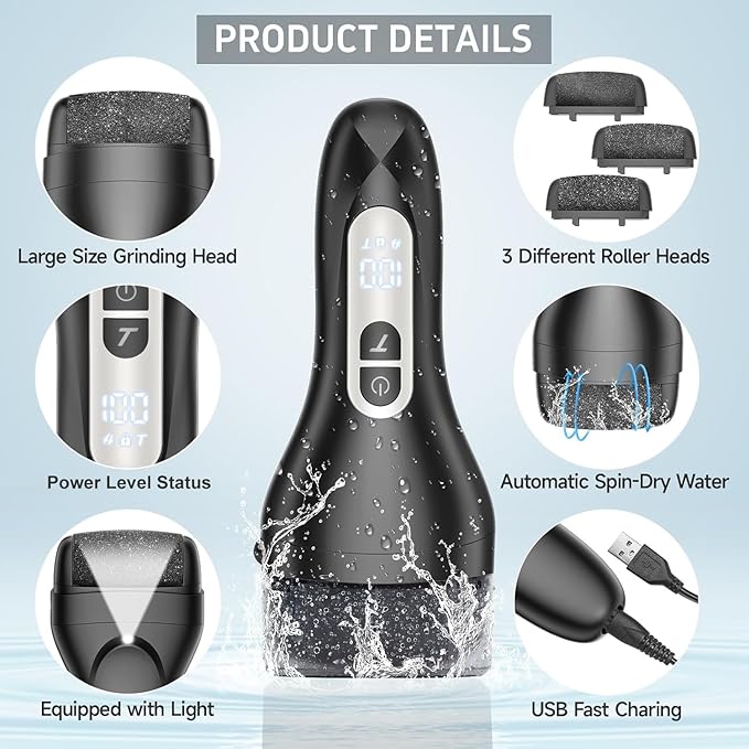 Electric Callus Remover for Feet,Professional Pedicure Kit Rechargeable Foot File Hard Skin Remover for Cracked Heels &Dead Skin,with 9 Roller Heads 2 Speed (Black DR)