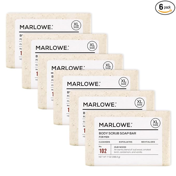 MARLOWE. No. 102 Body Scrub Soap 7 oz (6 Bars), Oud Wood, Exfoliating Soap Bar with Shea Butter, Olive Oil & Green Tea Extracts, Cleanses, Smooths & Revitalizes Skin, Earthy & Smoky Scent