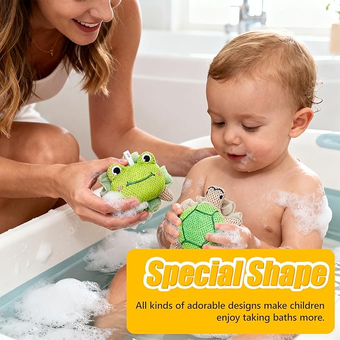 Kids Loofah, Cute Cartoon Animal Kids Bath Sponge with Hanging Rope, Soft Double Mesh for Rich Lather (Pink Octopus)