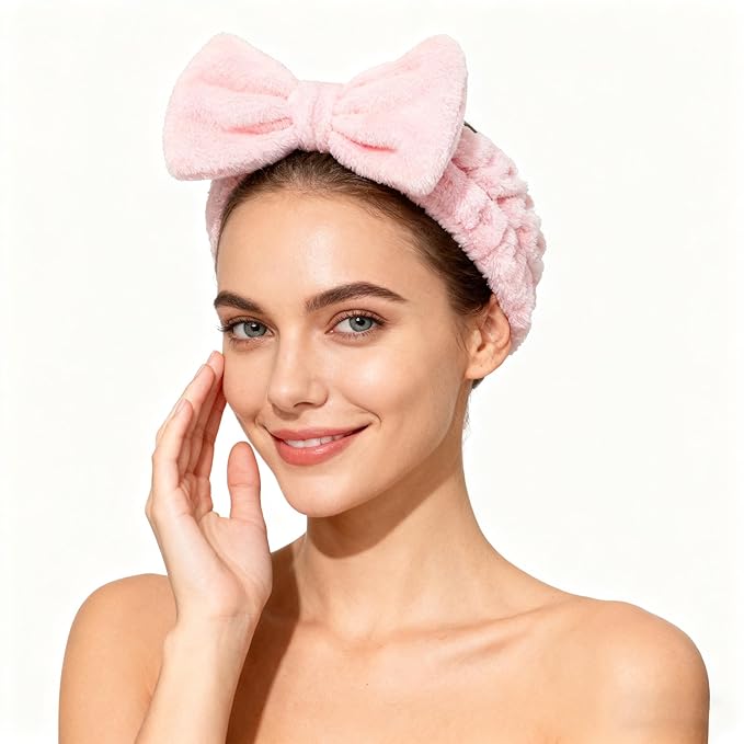 Spa Headbands,Makeup Headbands for Women,Facial Headband Bulk,Soft Coral Fleece Headband for Makeup,Cosmetic Head Wraps,Bow Hair Bands for Face Washing Shower Skin Care (pink, 12pcs)
