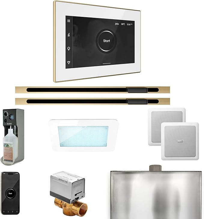 Mr Steam XDream Max Steam Shower Pkg w/iSteamX Control and Linear Steamhead in White Satin Brass
