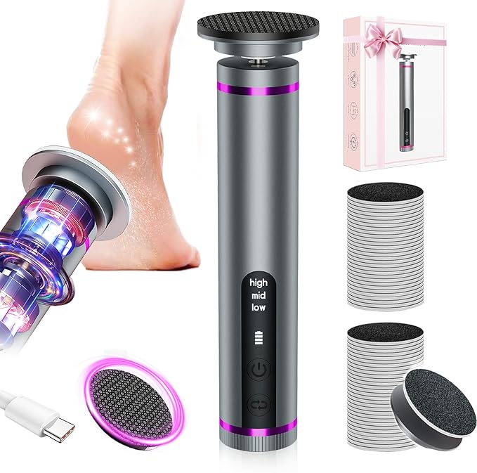 Electric Foot Callus Remover with Nano-Glass Head & 60Pcs Sandpaper Discs, 3 Hours Run Time, Electric Callus Remover for Feet with 3 Adjustable Speeds, Pedicure Tools for Dry Dead Skin Cracked Heels