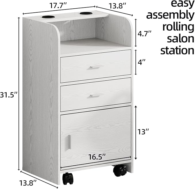 4ever2buy Salon Station for Hair Stylist, White Beauty Barber Station, Salon Trolley Cart with Wheels, Mobile Organizer for Salon, Spa, Barbershop, Nail & Beauty Tools, White