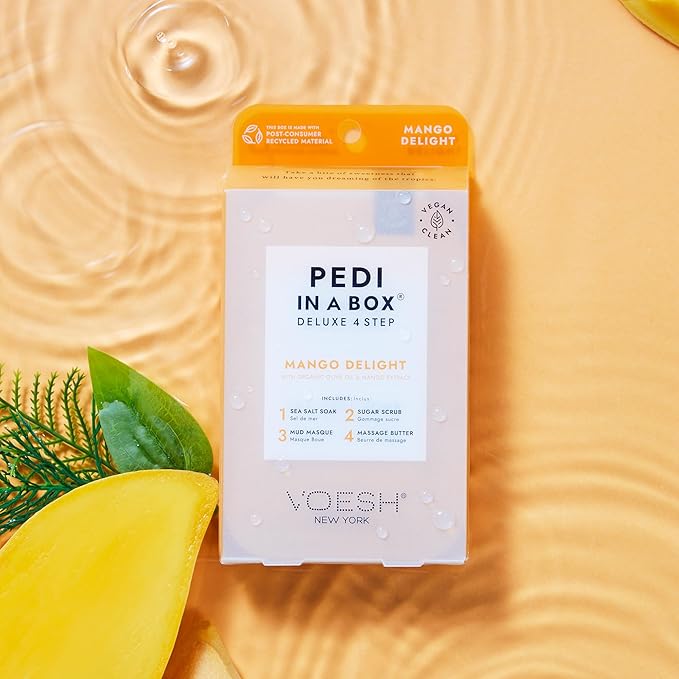 VOESH Pedi in a Box 4 Step Mango Delight - 3 Pack, Pedicure Set, At-Home Pedicure, DIY Pedi, Foot Treatment, Pedicure Supplies, Foot Spa, Foot Care