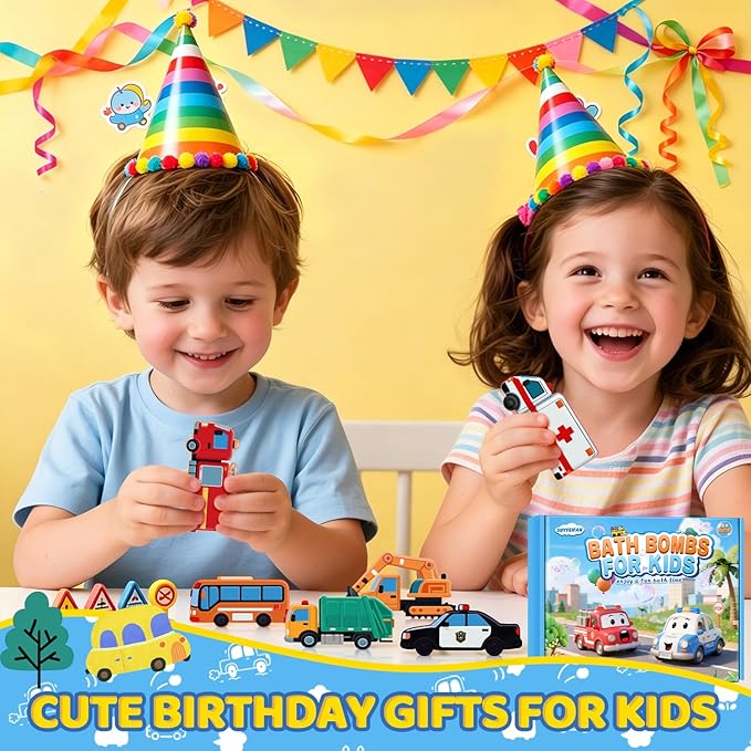 Bath Bombs for Kids, Perfect Mothers Day Gifts for Kids Girls, Handcrafted Car 6 Pack Natural Organic Bubble Bath Bomb Toys, Shaped Like Excavators, Police Car, School Buses, Fire Trucks
