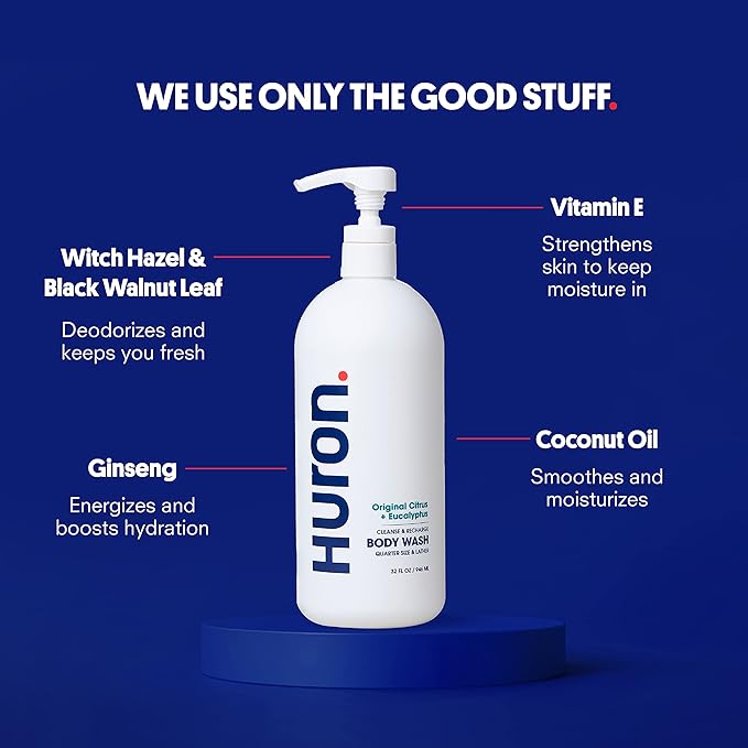 Huron Body Wash for Men and Women, Hydrating Daily Cleanser with Citrus + Eucalyptus Scent, Moisturizing Shower Gel, non-toxic, Phthalate-Free Clean Ingredients for Men, 30.3 fl oz