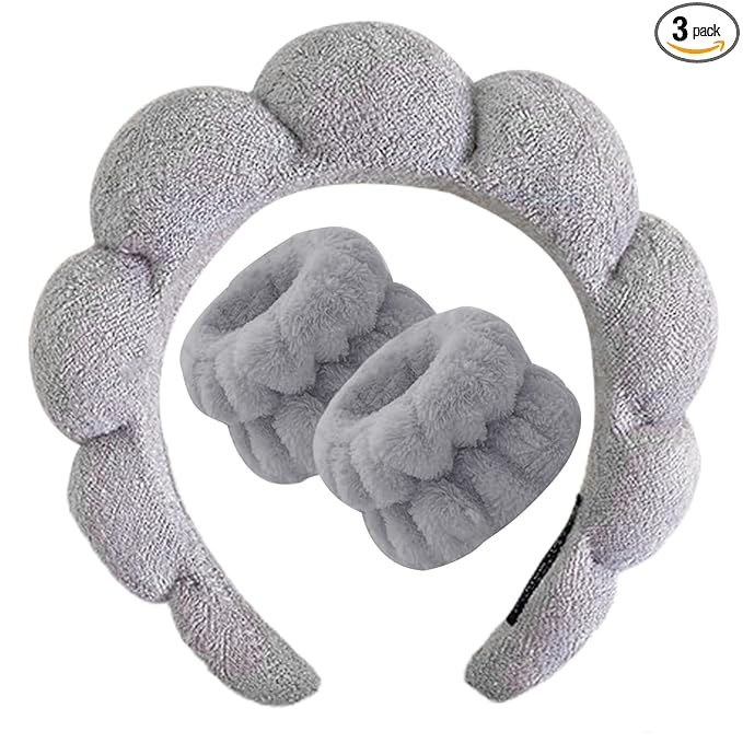 Beleki Spa Headband for Washing Face, Sponge Makeup Headband and Wristband Set Non Slip Skincare Headbands Soft Puffy Headwear Hair Accessories for Women Girls, Gray