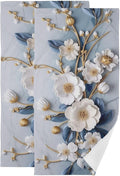 Vintage 3D Floral Hand Towels for Bathroom Set of 2,Decorative White Blue Golden Blossom Flower Branch Bathroom Towels for Bath,Face,Hair,Soft Absorbent Dish Towels for Kitchen Decor 28"x14"