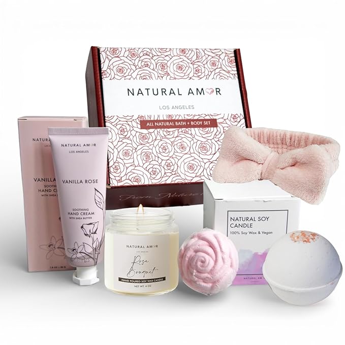 Natural Amor Relaxation Spa Gift Set for Women, 5 Piece Bath & Body Box with Candle, Hand Cream, Bath Bombs & Headband, Self Care Gift for Her