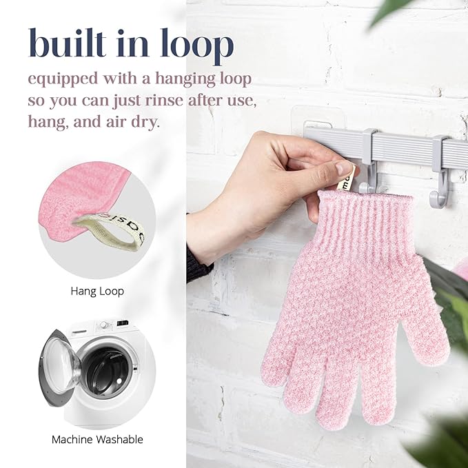 MainBasics Deep Exfoliating Bath Gloves - Heavy-Textured Nylon Shower Scrub for Dead Skin Removal - Machine Washable (1 Pair, Soft Pink)