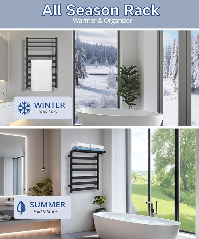 Towel Warmer Rack with WiFi, 6 Bars Large Towel Racks with Temperature & Timing Control, Foldable Bracket, Digital Display, Stainless Steel, Plug-in, Wall Mounted, Black