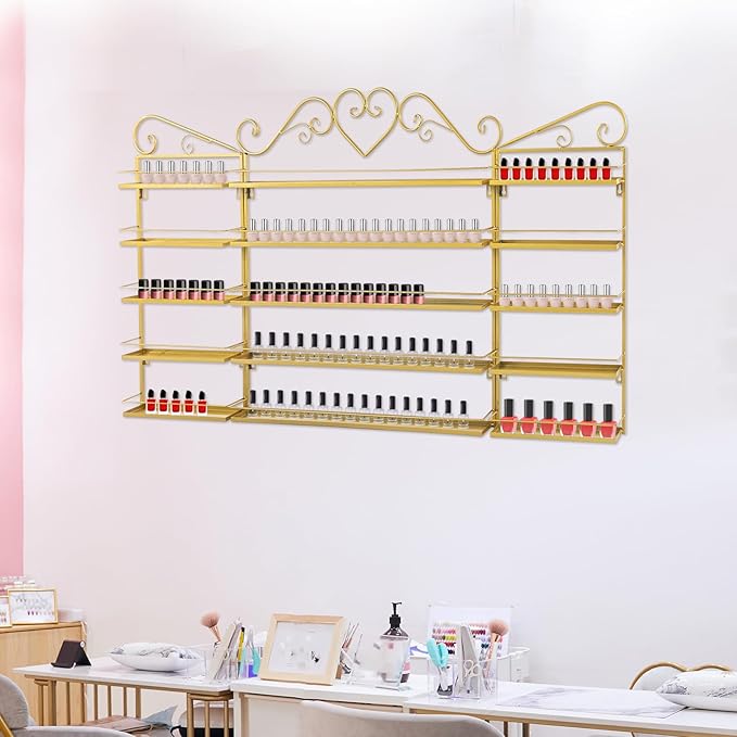 3PCS Wall-Mounted Nail Polish Racks, 5-Tier Metal Makeup Display Wall Shelf Storage Organizer for Home Spa Nail Salon Perfume Lipstick Cosmetic (Gold)