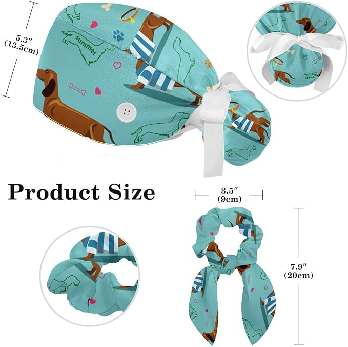 Adjustable Brown Dachshund Dog Blue Surgical Scrub Cap with Button,Sweatband for Women with Bow Hair Scrunchy