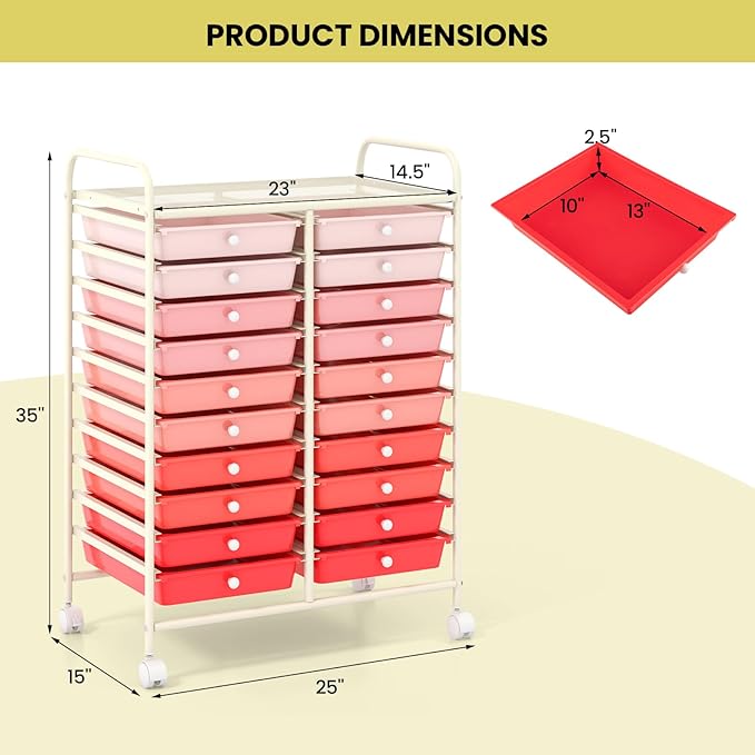 Giantex 20 Drawers Rolling Cart, Mobile Storage Drawer Cart, Classroom Organizer Cart for Office School Supplies Teacher Tools Paper Craft Small Printer, Utility Cart on Wheels, Gradient Pink