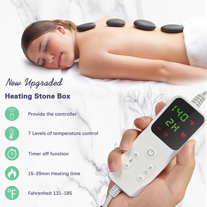 AICNLY Hot Stones Massage Set with Temperature Adjustment-20 Pcs Basalt Hot Stones with Heater Kit, Professional Massage Tool for Spa-Lymphatic Drainage, Relieve Tension and Muscle Pain