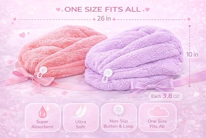 ADOGO Microfiber Hair Towel - 2 Pack Hair Turbans for Wet Hair, Drying Hair Wrap Towels for Women and Kids - Suitable for All Hair Types（Pink，Purple）