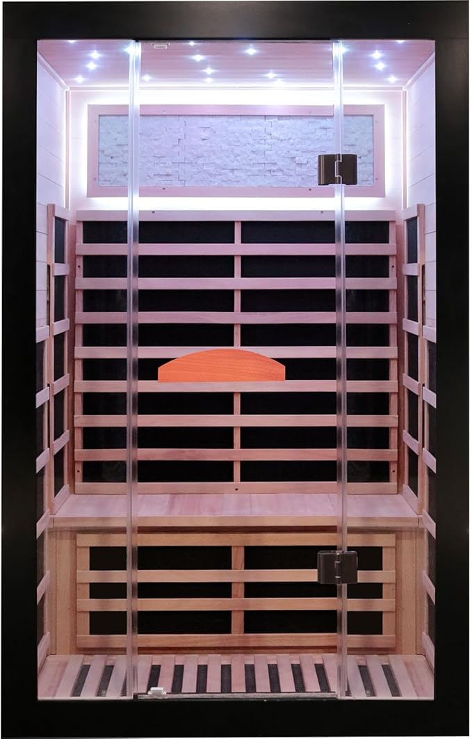 OUTEXER Infrared Sauna 2000W Wooden Saunas Home Spa Room Wood Low-EMF Indoor Saunas with with 7 Color Starry Sky Ceiling Light for Two Person 74.8 * 47.2 * 41.3Inch