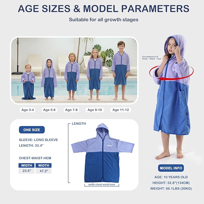Hiturbo Kids Bath Towel Hoodie: Zipper Surf Poncho Long Sleeve Quick Dry - Absorbent Changing Towels Swimming Outerwear for Beach Pool - Purple/Blue
