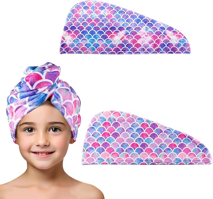 MADHOLLY Fast Drying Microfiber Hair Towel for Kids Women - 2 Packs Soft Super Absorbent Hair Towel Wrap with Button, Anti-Frizz Turban for Thicker Curly Long Hair, Mermaid Pattern Gift for Girls