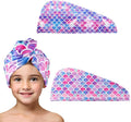 MADHOLLY Fast Drying Microfiber Hair Towel for Kids Women - 2 Packs Soft Super Absorbent Hair Towel Wrap with Button, Anti-Frizz Turban for Thicker Curly Long Hair, Mermaid Pattern Gift for Girls