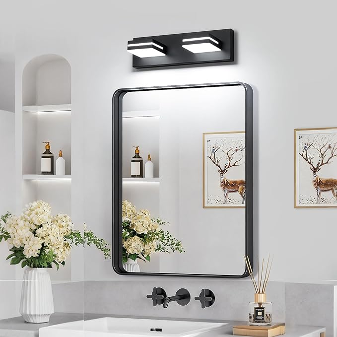 SineRise LED Modern Bathroom Vanity Light Fixtures (2-Light, 15.5-Inch), Matte Black Modern Acrylic Bathroom Wall Lighting Fixtures Over Mirror (Cool White 6000K)