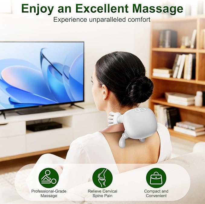 Nooydio Neck Massager, Neck and Back Massager with Heat & 4D Kneading, Shiatsu Deep Tissue Wireless Massager for Shoulder Cervical Pain Relief, Portable Rechargeable for Home Office (White)