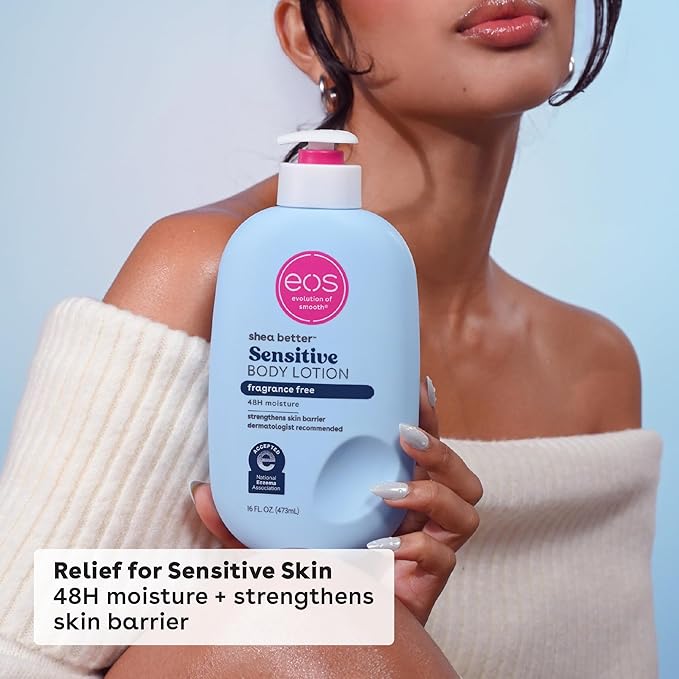eos Shea Better Sensitive Skin Body Lotion - Fragrance-Free, 48-Hour Moisture Eczema Cream & Dry Skin Relief, Vegan, 16 fl oz (Packaging may vary)