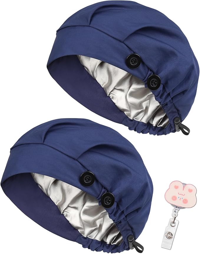 2 Pack Satin Lined Bouffant Scrub Caps with Buttons, Adjustable Scrub Caps for Women Men