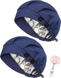 2 Pack Satin Lined Bouffant Scrub Caps with Buttons, Adjustable Scrub Caps for Women Men