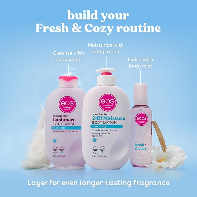 eos Cashmere Body Wash – Fresh & Cozy, Moisturizing Body Wash, Creamy Gel Formula, with Shea Butter, Glycerin, Vitamin E, pH Balanced, Sensitive Skin, Vegan, 16 fl oz
