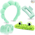 VELSCRUN Spa Headband, Makeup Face Wash Skincare Headbands, 5 Pcs Sponge Get Ready Frog Hairband Facial Wristband Hair Clip Set, Stuff for Teen Girls Women Trendy Fashion Hair Accessories Green