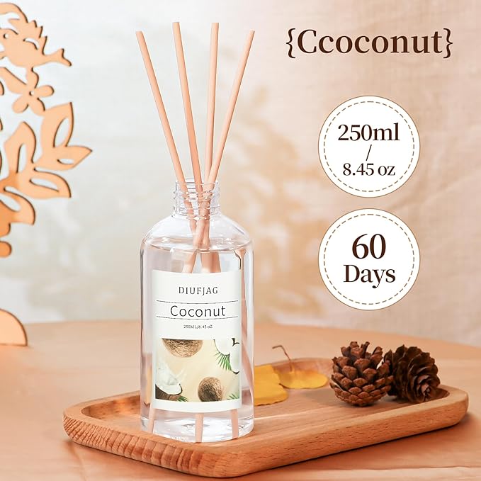 Coconut Diffuser with 10 Fiber Sticks, 200mlDiffusers for Home Essentials Bathroom,Last up to 60 Days
