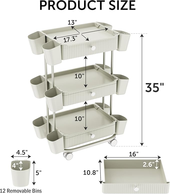 Dolonm 3 Tier Drawer Shelf Beauty Cart with 12 Movable Storage Organizer, Durable ABS, 360° Wheels for Salon Station for Hair Stylist, Beauty Salon, Spa Massage Parlor, Makeup Organizer - Beige Gray
