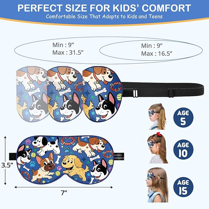 Kids Silk Sleep Mask: 100% Mulberry Silk Eye Mask with Adjustable Strap, Cute Sleeping Blindfold for Boys Girls Teens, Soft & Lightweight Eye Shade for Travel, Nap, Bedtime (Dogs Style)