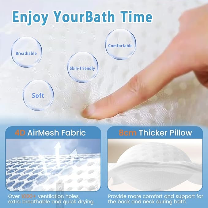 Luxury Bathtub Pillow, 4D Air Mesh Soft Bath Pillow for Tub, Non-Slip Suction Cups Bath Cushion, Ergonomic Head Neck Back Support Bath Pillow, Comfortable Spa Bath Accessories Gift for Women