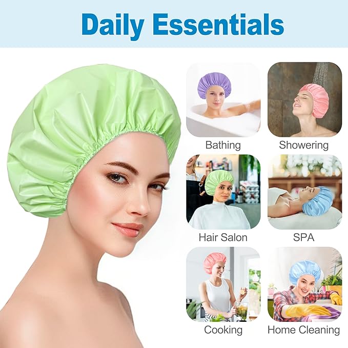 12 PCS Shower Caps for Women, Double Side Waterproof Shower Cap, Reusable Elastic Bath Caps for Shower, EVA Bathing Shower Caps, Bath Hair Caps - Set A (Purple+Pink+Blue+Green)