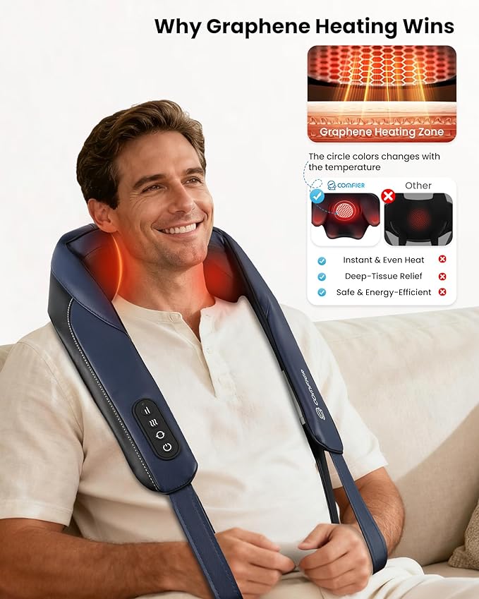 COMFIER FSA Eligible Cordless Neck Massager with Heat, 4D Shiatsu Deep Tissue Kneading for Neck & Shoulders, Graphene Heating Massage Pillow, Portable & Rechargeable, Mothers Day Gift