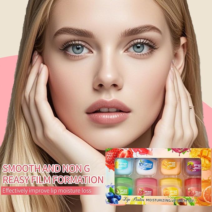 8Piece Set Lip Balm, Moisturizing Lip Care Kit, 8 Fruit Flavored Lip Masks, 4-in-1 Lip Treatment, Suitable for Dry Skin, Smooths Lip Lines, Hydrating Lipstick, Long-Lasting Effect, Natural Finish
